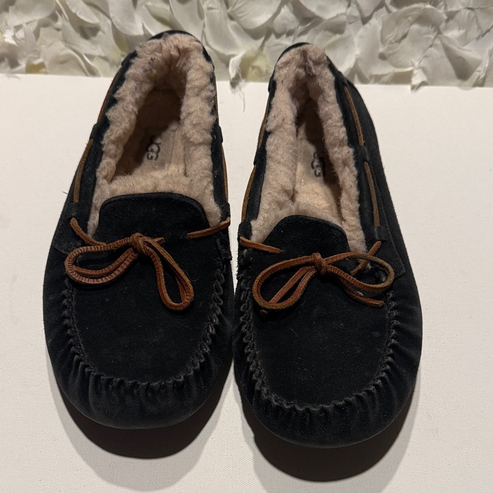 UGG Black Suede Moccasin Slippers with Brown Laces